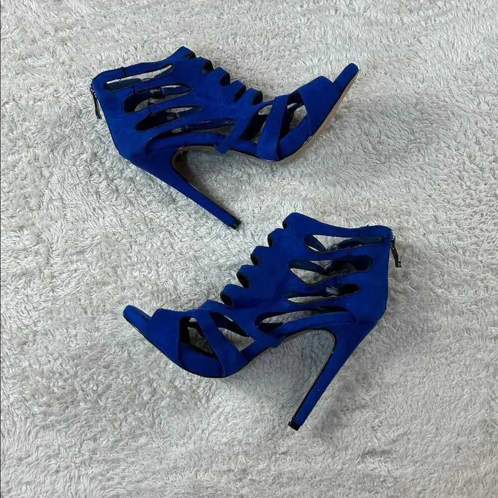 Chelsea and ZOe blue‎ suede peep toe stiletto cage heels, size 8
